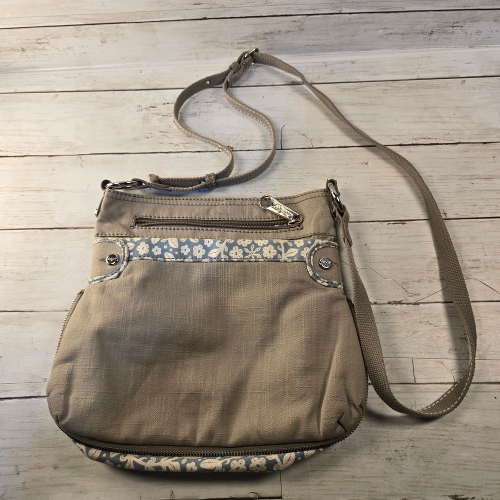 Thirty-One Crossbody Bag Taupe Floral Expandable Organizer Shoulder Purse